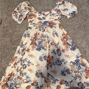 Abercrombie blue and rust floral flowy/stretchy midi dress